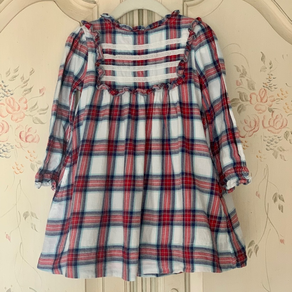 Mini Boden Girls’ 2-3Y Plaid Ruffle Detail Fully -Lined Long Sleeve Dress